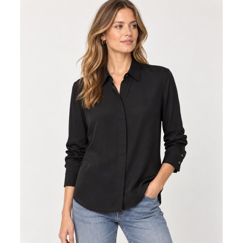 Vince Women’s Black 100% Silk Button Front Blouse Shirt Long Sleeve Size 6